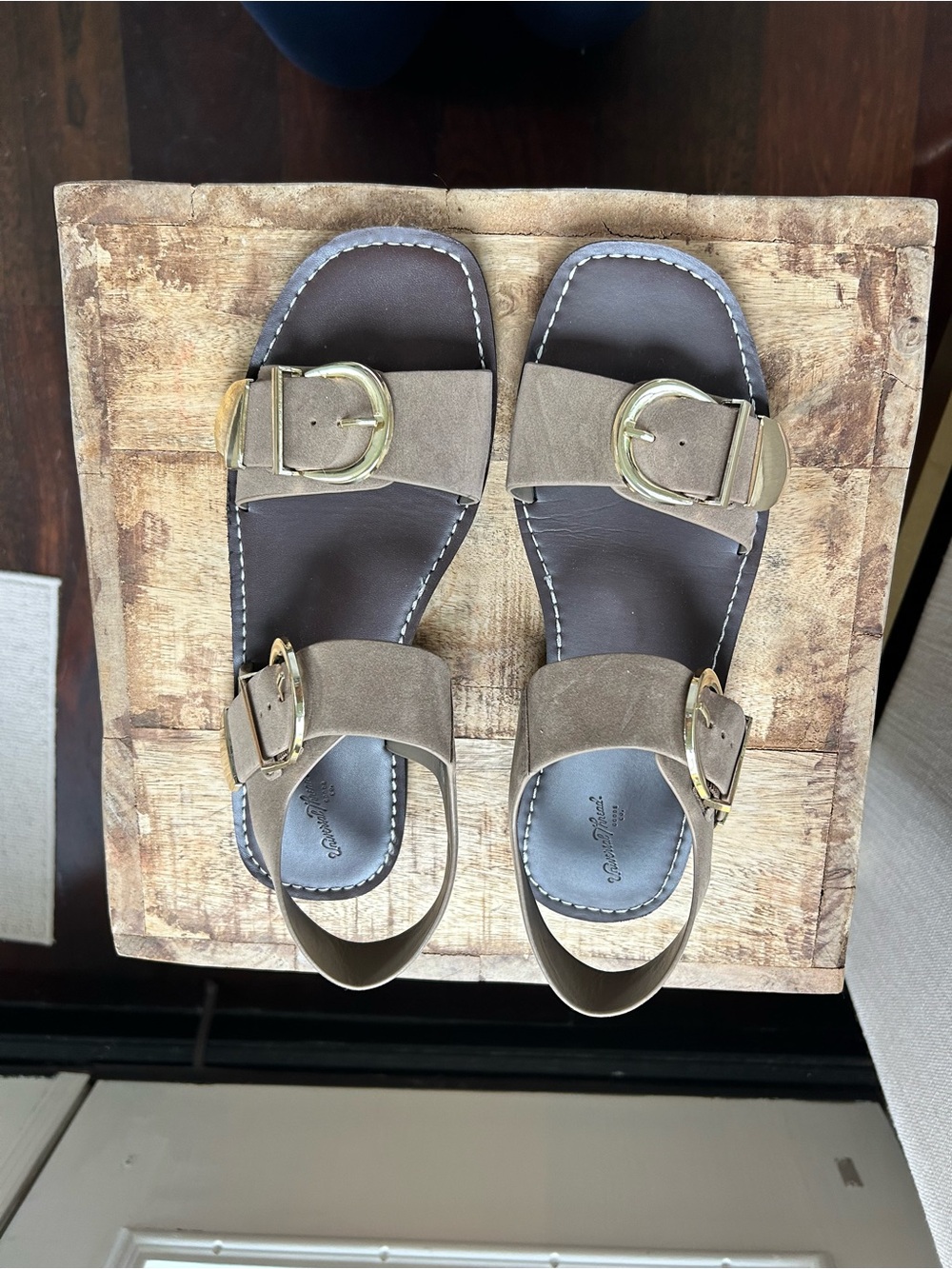 Women’s Taupe Buckle Strap Sandals with Gold Hardware